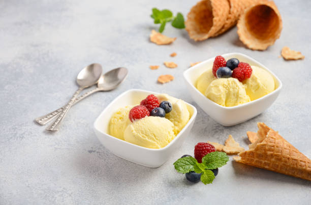 istock Vanilla ice cream with fresh berries on concrete background 676016380