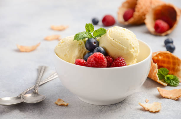 istock Vanilla ice cream with fresh berries on concrete background 676016398