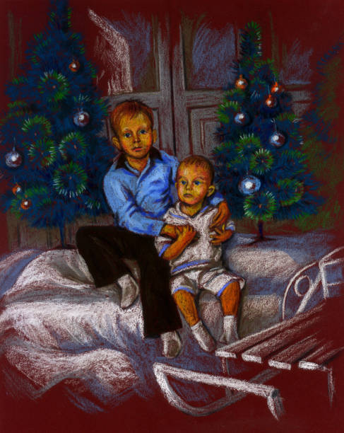 brothers and Christmas trees illustration pastel on sandpaper little brothers hug and Christmas trees, snow around интерьер помещений stock illustrations