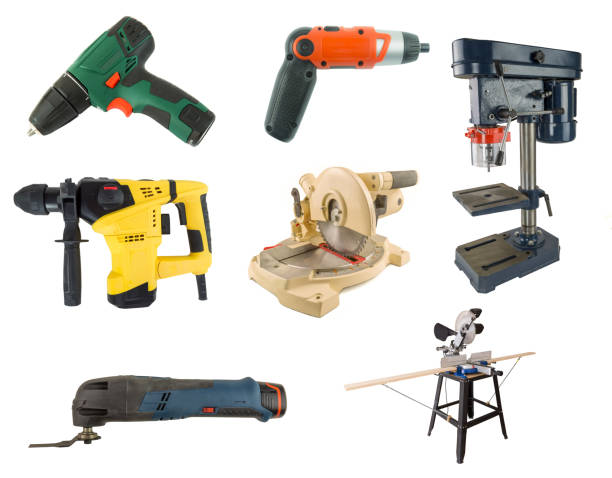 colección de herramientas eléctricas de mano de carpenter aisladas sobre un fondo blanco. serie de herramientas. - hammer work tool isolated hand tool fotografías e imágenes de stock