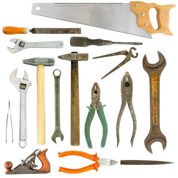 collection of old used carpenter diy tools isolated - carpenters pencil imagens e fotografias de stock