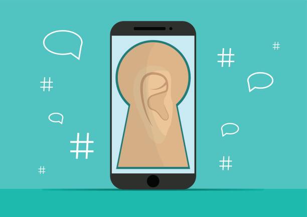 istock Smart phone with image of ear.Background with simple line style icons.The concept of security and protection of electronic virtual information in gadgets and social networks of the Internet. 676027484