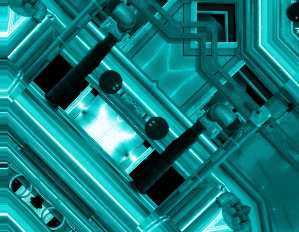 Blue aluminum background. Metal pipes and abstract technological components. industrial concept.