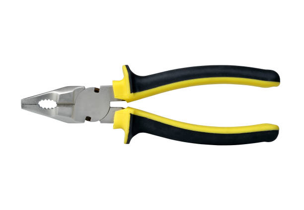Pliers hand tool on white background, isolated with clipping path Silver metal pliers with black and yellow plastic handles pliers stock pictures, royalty-free photos & images