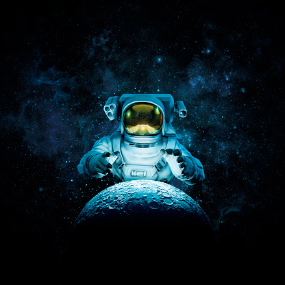 3D illustration of astronaut reaching for glowing moon