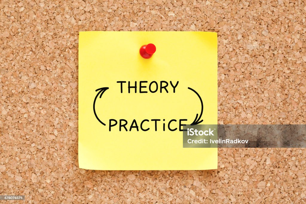 Theory Practice Arrows Concept On Sticky Note Theory Practice arrows concept written on yellow sticky note pinned on bulletin cork board. Practicing Stock Photo