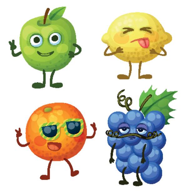 Funny fruit characters isolated on white background. Cheerful food emoji. Cartoon vector illustration: green apple, sour yellow lemon, cheerful orange, calm blue grape Funny fruit characters isolated on white background. Cheerful food emoji. Cartoon vector illustration: green apple, sour yellow lemon, cheerful orange, calm blue grape sour face stock illustrations