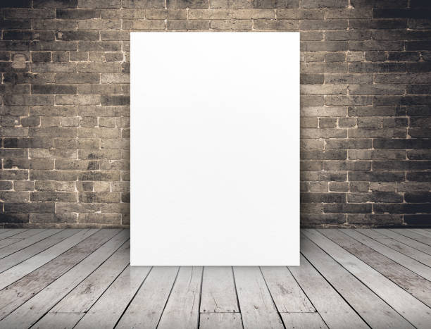 istock Blank white paper poster at grunge brick wall and wood plank floor,Mock up template for adding your content or design,Business presentation 676144710