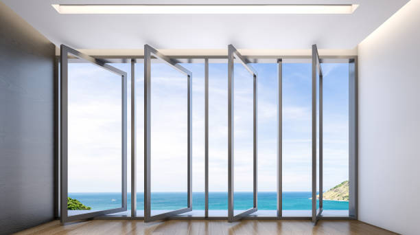 istock Lounge area with view of sea , 3d rendering 676197482