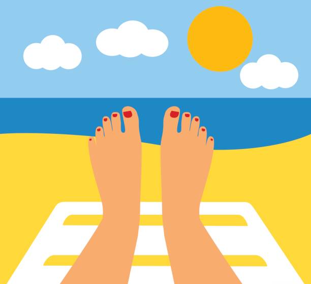 female legs against the sea, beach Tanned Feet and the sea. female legs against the sea, beach feet up stock illustrations