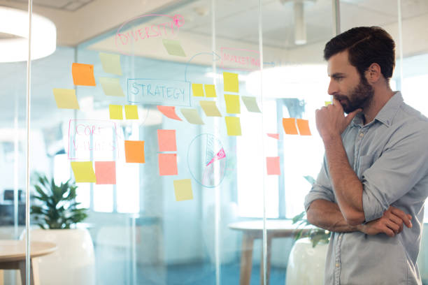 istock Thoughtful businessman looking at adhesive notes on glass 676233762