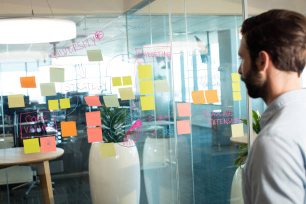 istock Businessman looking at adhesive notes and strategy on glass 676237046