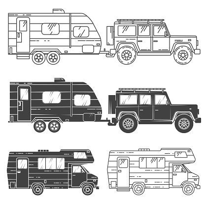 Set of camper vans icons. Thin line icons and silhouettes. Vector illustration.