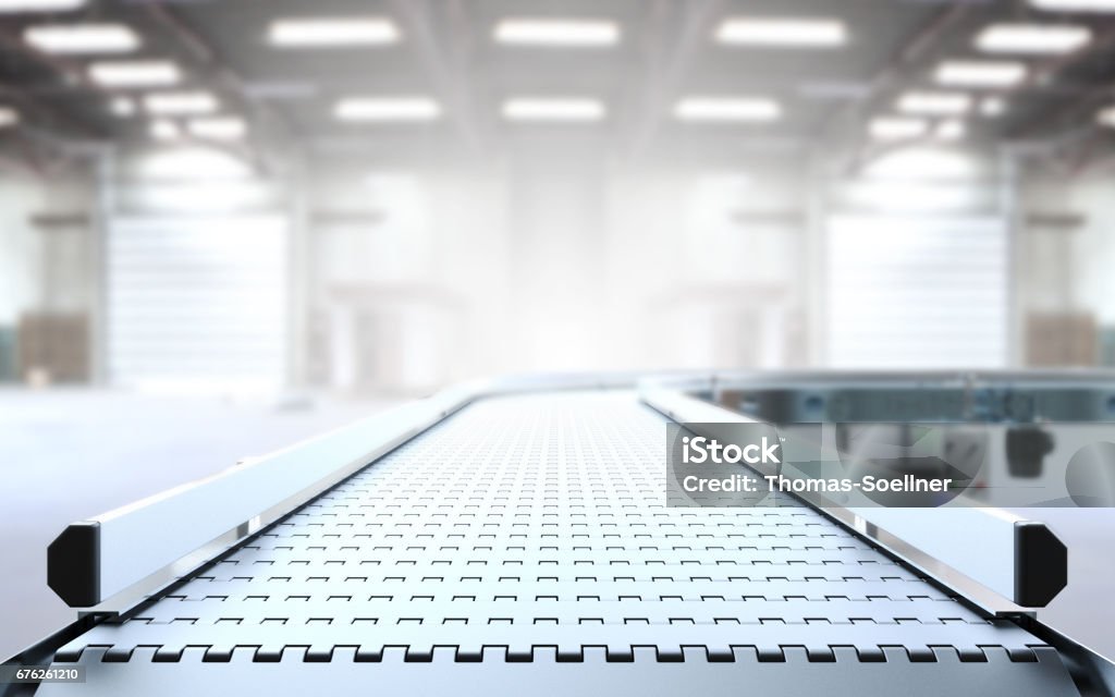 Empty conveyor belt Empty conveyor belt 3D rendering Conveyor Belt Stock Photo