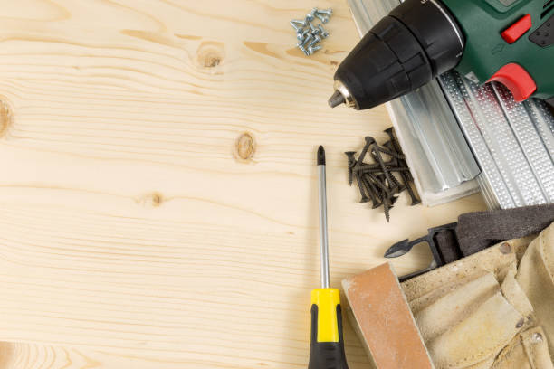 istock Still Life of Carpenter Tools Arranged on Wooden Surface 676281210