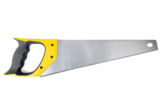 Tools series isolations. Handsaw with Yellow and black handle isolated on a white background.
