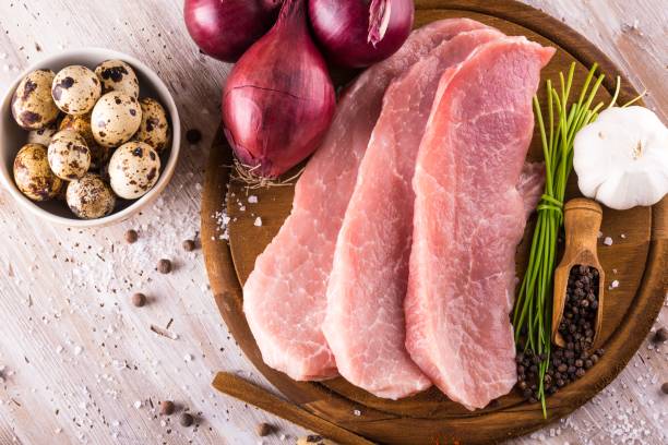 istock Top view on raw pork meat with few spices and eggs 676298118