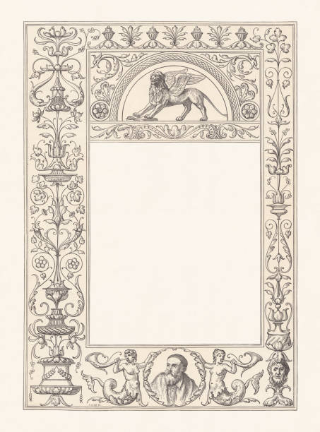 Venetian renaissance frame, with ornaments e.g. Saint Mark's winged lion, portrait of Titian, and copy space for text. Wood engraving, published in 1884.