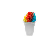 Rainbow Hawaiian Shave Ice or Snow Cone in a white disposable cup on a white background.