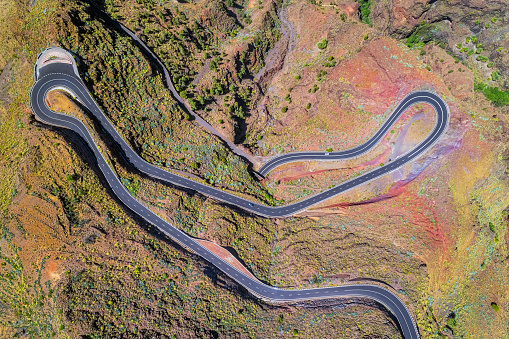Arial View of Hairpin turns near by Valle Gran Rey on Canary Islands La Gomera in the province of Santa Cruz de Tenerife - Spain.