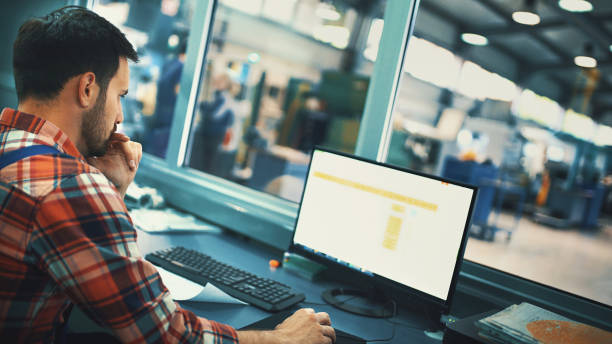 control room at a modern industrial production line. - analytical instruments imagens e fotografias de stock