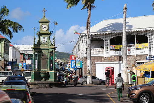 Baseterre, Saint Kitts And Nevis - Dec. 23, 2015: The Berkeley Memorial is the oldest clock still working in the caribbean. Is located in the Circus Center, the comercial area, at Baseterre, Saint Kitts and Nevis.