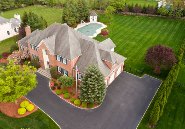 House aerial shot from very high above, looking down from right