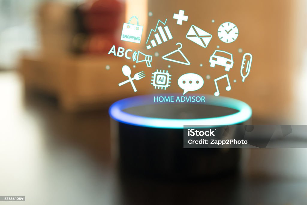Home advisor , voice recognition , artificial intelligence device and internet of things concept. Technology icons and blur kitchen background. Speech Recognition Stock Photo