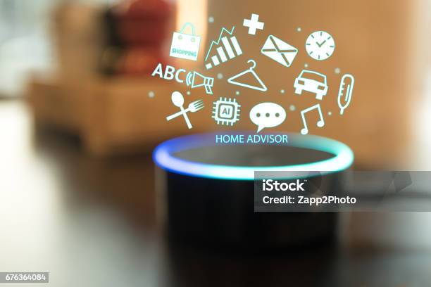 Home Advisor Voice Recognition Artificial Intelligence Device And Internet Of Things Concept Technology Icons And Blur Kitchen Background Stock Photo - Download Image Now