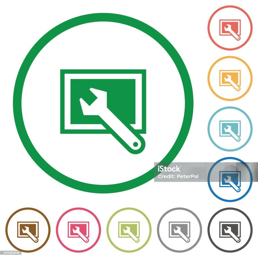 Screen settings outlined flat icons Set of screen settings color round outlined flat icons on white background Adjusting stock vector