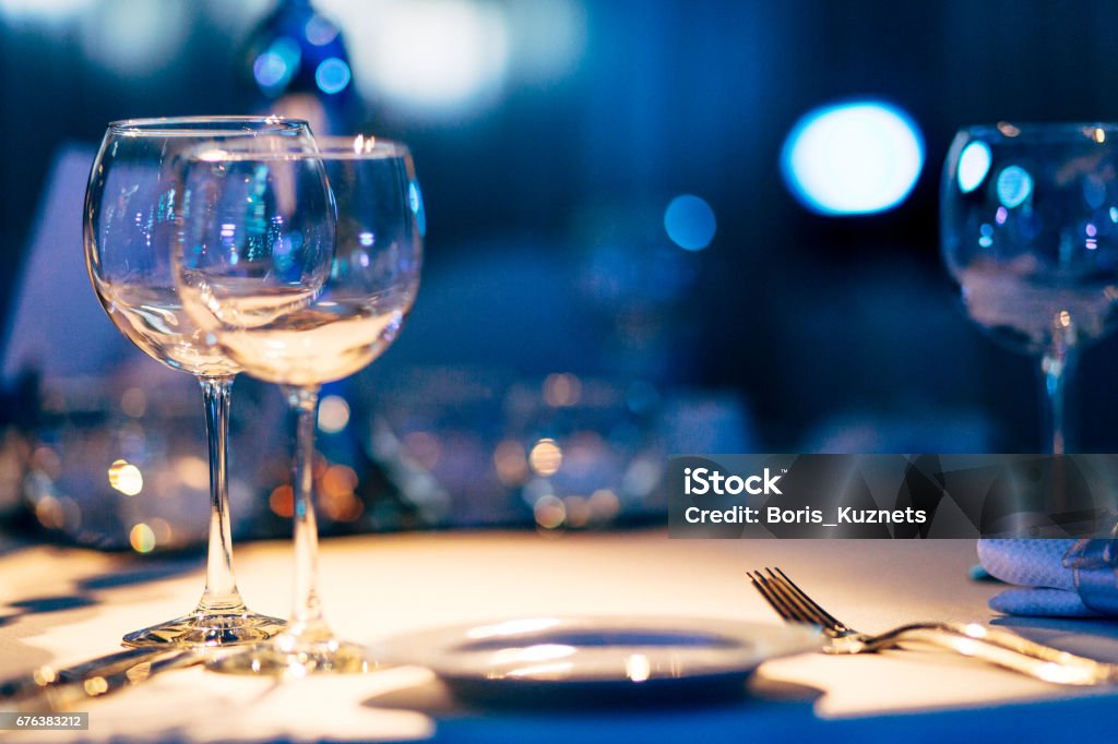 Luxury Table setting. Design details of luxury events. Things like beautiful table setting ready for the event. Restaurant Stock Photo