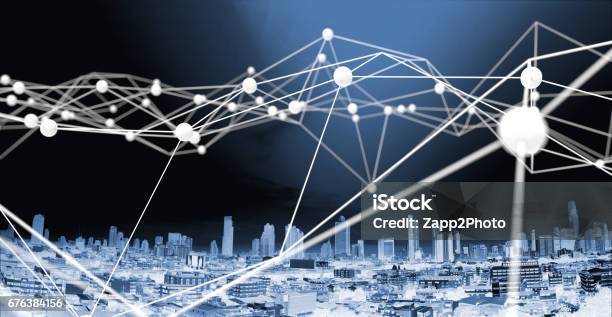 Internet Of Things Blockchain Network Machine Learning Deep Learning And Neural Networks Concept White Distributed Connection Atom With Blue City Background 3d Rendering Stock Photo - Download Image Now