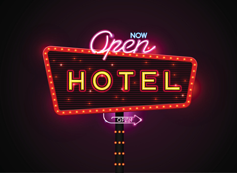 Neon sign city banner hotel, set vertically horizontally text, Vector illustration