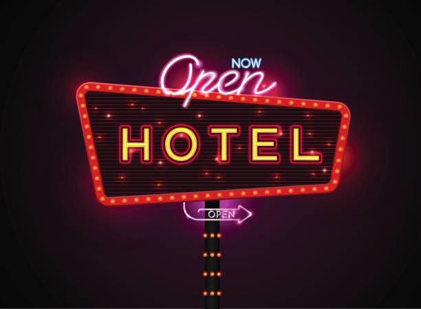 Neon hotel sign, set vertically text, Vector illustration Neon sign city banner hotel, set vertically horizontally text, Vector illustration motel stock illustrations