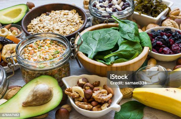 Products Rich Of Potassium And Magnesium Stock Photo - Download Image Now - Magnesium, Potassium, Food