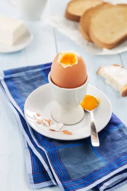 A vertical photo of an egg in an egg-cup with toasts