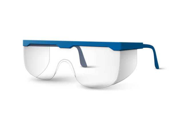 Plastic laboratory glasses Vector transparent plastic laboratory glasses with blue earpieces isolated on white background protective eyewear stock illustrations