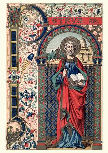 Vintage engraving of Saint Peter so known as Simon Peter, Simeon, or Simon, according to the New Testament, was one of the Twelve Apostles of Jesus Christ, leaders of the early Christian Great Church.