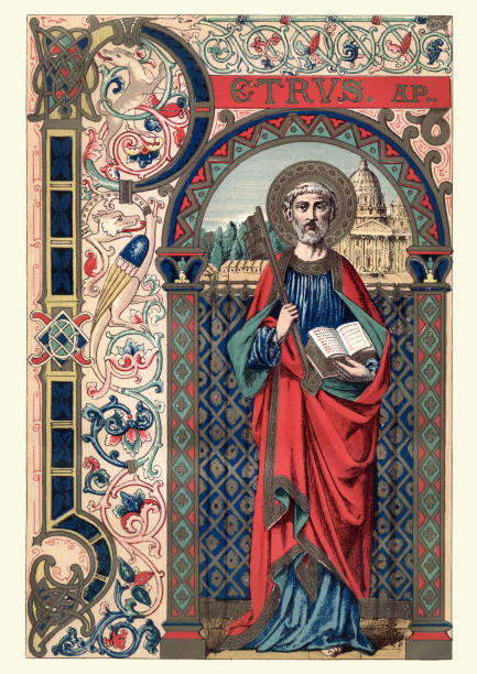 Saint Peter Vintage engraving of Saint Peter so known as Simon Peter, Simeon, or Simon, according to the New Testament, was one of the Twelve Apostles of Jesus Christ, leaders of the early Christian Great Church. peter the apostle stock illustrations