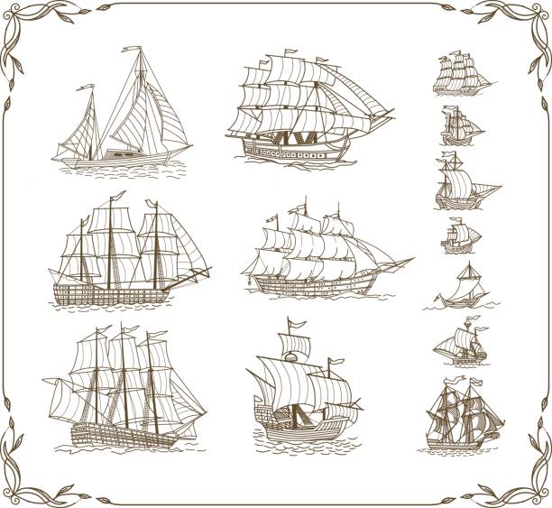 illustrations, cliparts, dessins animés et icônes de vieux voile navires et crayonnages ensemble - sailing ship nautical vessel military ship brigantine