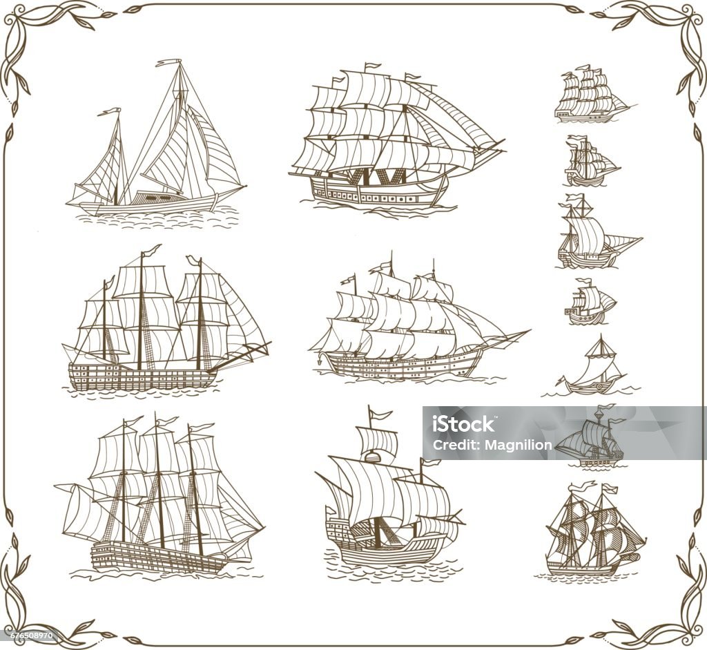 Old Sailing Ships Doodles Set Old sailing ships doodles set. Vector illustration. Sailing Ship stock vector