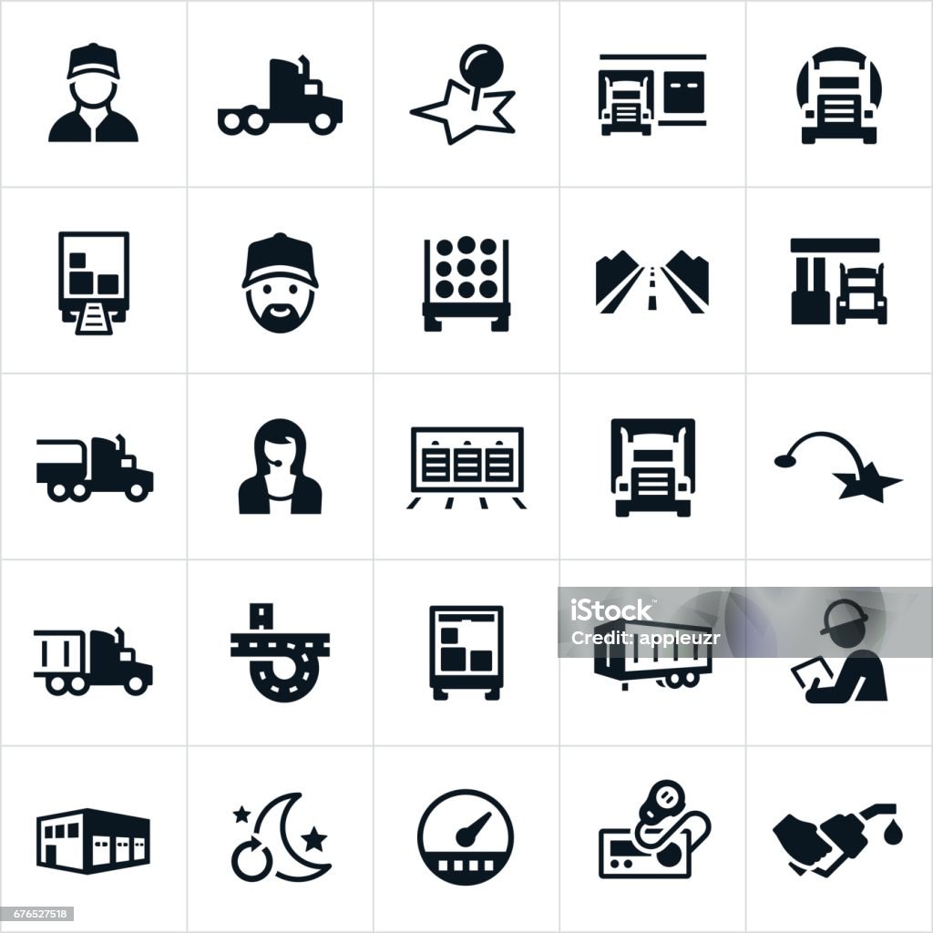 Trucking Industry Icons Icons related to the trucking industry. The icons include a semi truck, truck driver, loading dock, hauling, delivering, log truck, open road, interstate, gas station, tanker truck, dispatcher, inspector, CB radio and gas pump among others. Icon Symbol stock vector