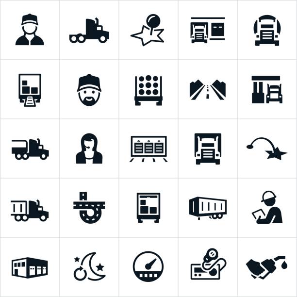 Trucking Industry Icons Icons related to the trucking industry. The icons include a semi truck, truck driver, loading dock, hauling, delivering, log truck, open road, interstate, gas station, tanker truck, dispatcher, inspector, CB radio and gas pump among others. tanker stock illustrations