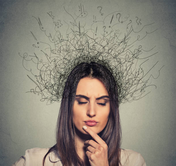 istock young upset woman with worried stressed face expression eyes closed and brain melting into lines question marks deep thinking 676540730