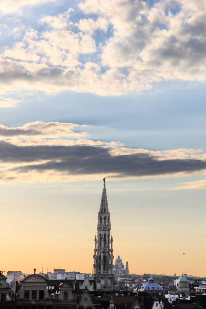 Photograph taken from the mont des arts garden, of the City hall’s tower and Brussels cityscape during sunset