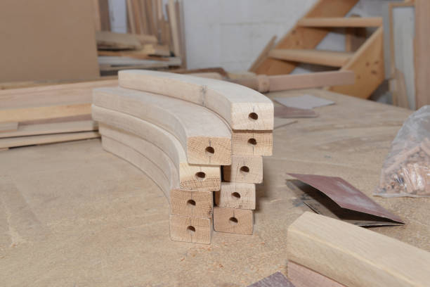 istock Carpentry workshop table and billets of wood for chair. 676594542