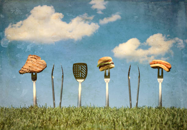 гриль на горячий летний день стейк, гамбургер и хотдог против голубого неба - hot dog hamburger burger grilled стоковые фото и изображения