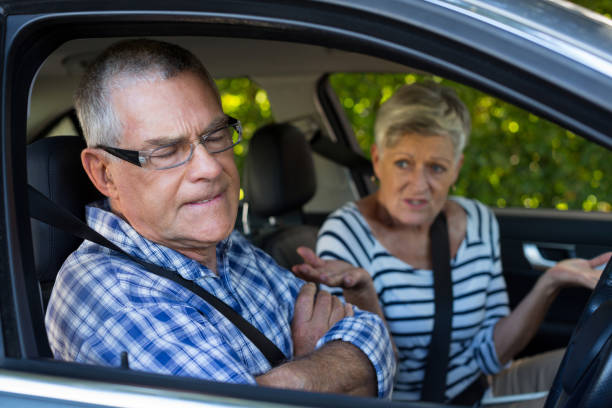 istock Annoyed senior cpouple sitting in car 676631834