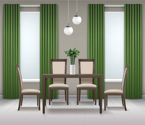 interior ruang makan - green curtain ilustrasi stok