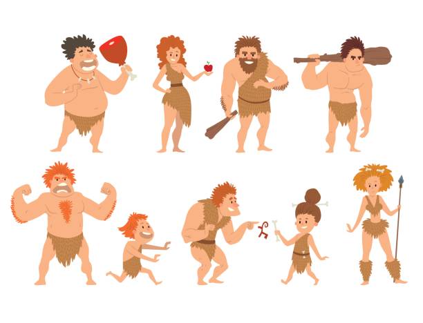 illustrations, cliparts, dessins animés et icônes de caveman paléolithique cartoon néandertalien les peuples primitifs de caractère illustration vectorielle evolution - pointer stick illustrations